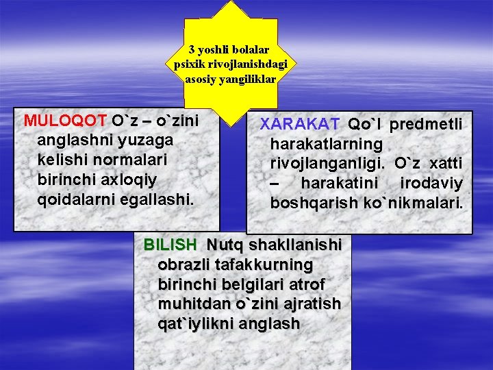 3 yoshli bolalar psixik rivojlanishdagi asosiy yangiliklar MULOQOT O`z – o`zini anglashni yuzaga kelishi