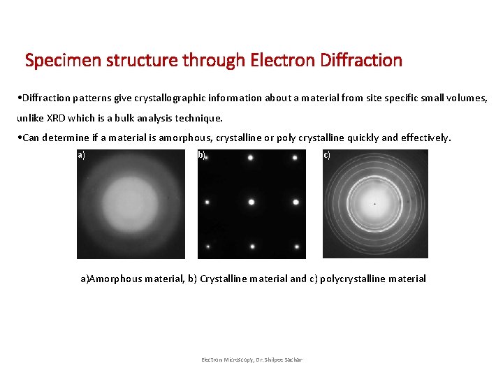 Specimen structure through Electron Diffraction • Diffraction patterns give crystallographic information about a material Specimen structure through Electron Diffraction • Diffraction patterns give crystallographic information about a material