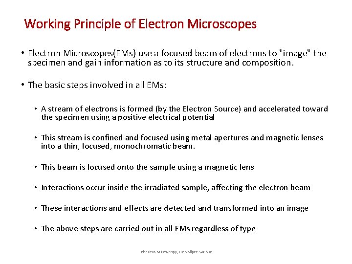 Working Principle of Electron Microscopes • Electron Microscopes(EMs) use a focused beam of electrons Working Principle of Electron Microscopes • Electron Microscopes(EMs) use a focused beam of electrons