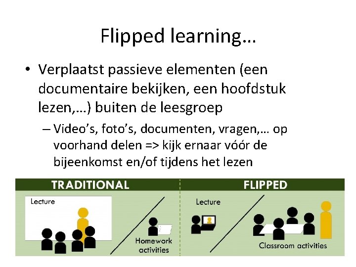 Flipped learning… • Verplaatst passieve elementen (een documentaire bekijken, een hoofdstuk lezen, …) buiten