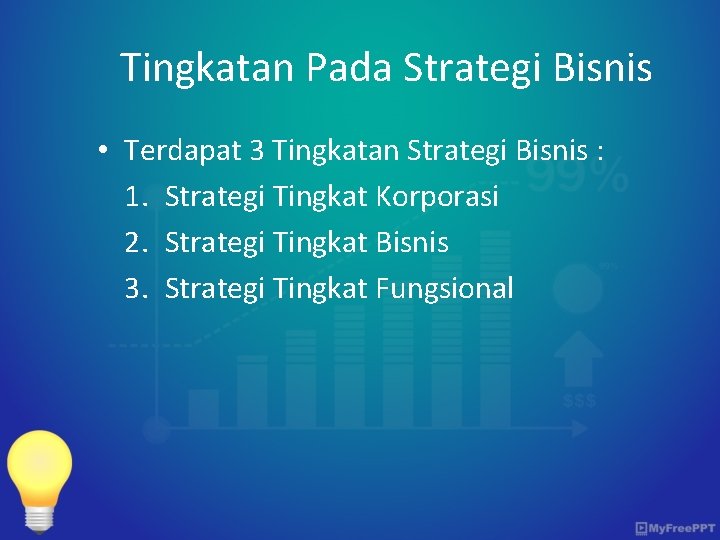 Tingkatan Pada Strategi Bisnis • Terdapat 3 Tingkatan Strategi Bisnis : 1. Strategi Tingkat