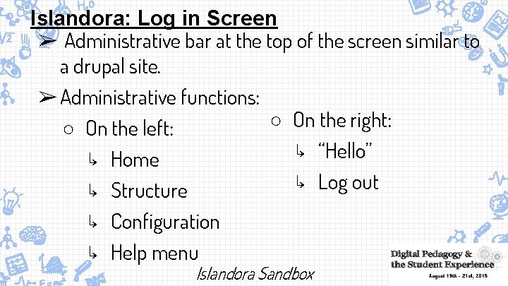 Islandora: Log in Screen ➢ Administrative bar at the top of the screen similar