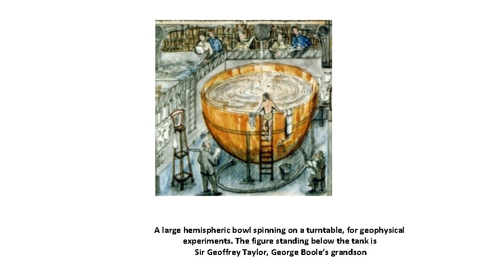 A large hemispheric bowl spinning on a turntable, for geophysical experiments. The figure standing