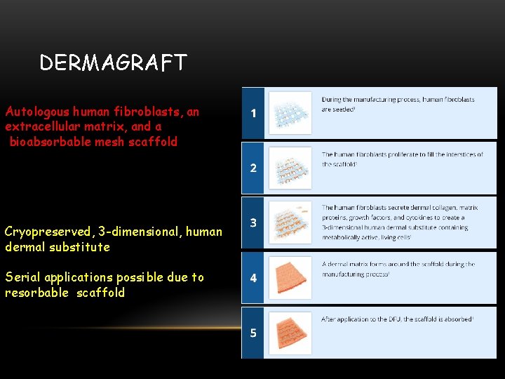 DERMAGRAFT Autologous human fibroblasts, an extracellular matrix, and a bioabsorbable mesh scaffold Cryopreserved, 3