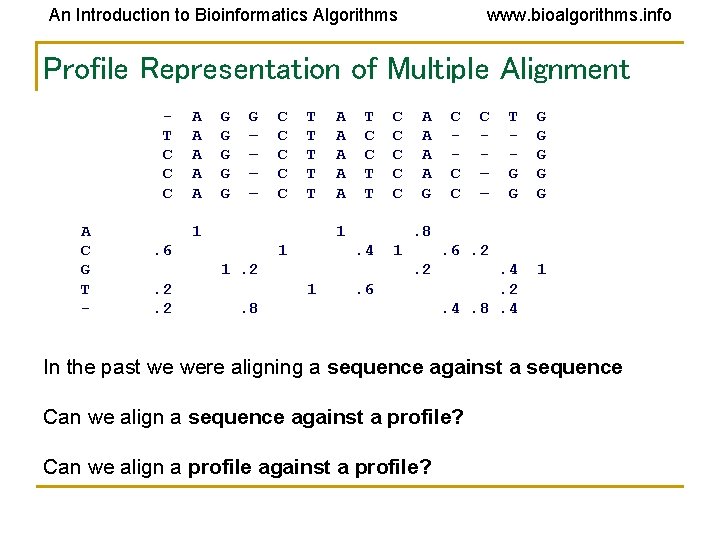 An Introduction to Bioinformatics Algorithms www. bioalgorithms. info Profile Representation of Multiple Alignment T