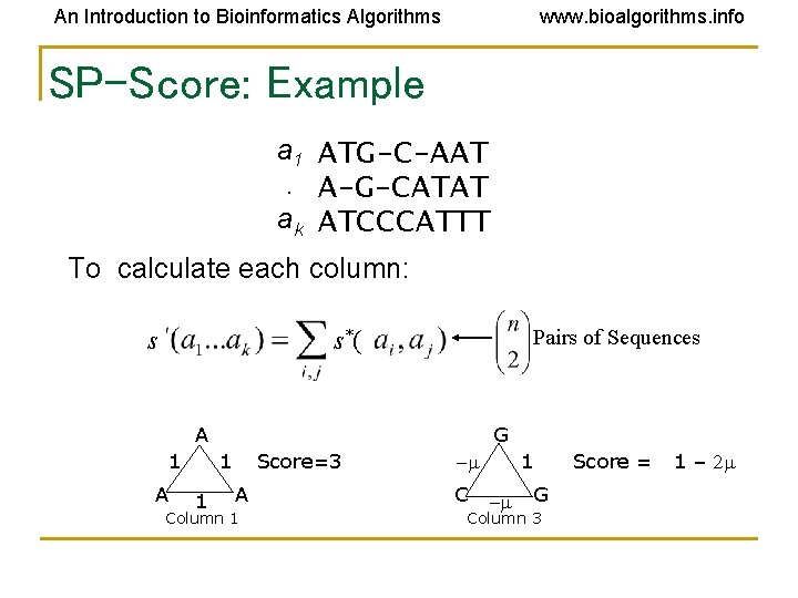 An Introduction to Bioinformatics Algorithms www. bioalgorithms. info SP-Score: Example a 1 ATG-C-AAT. A-G-CATAT