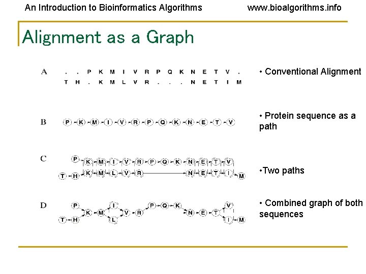 An Introduction to Bioinformatics Algorithms www. bioalgorithms. info Alignment as a Graph • Conventional