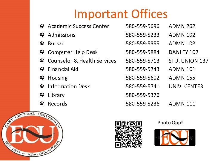 Important Offices Academic Success Center Admissions Bursar Computer Help Desk Counselor & Health Services