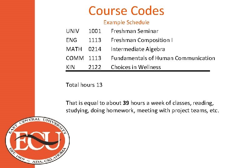 Course Codes Example Schedule UNIV 1001 Freshman Seminar ENG 1113 Freshman Composition I MATH