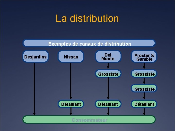 La distribution Exemples de canaux de distribution Desjardins Nissan Del Monte Procter & Gamble