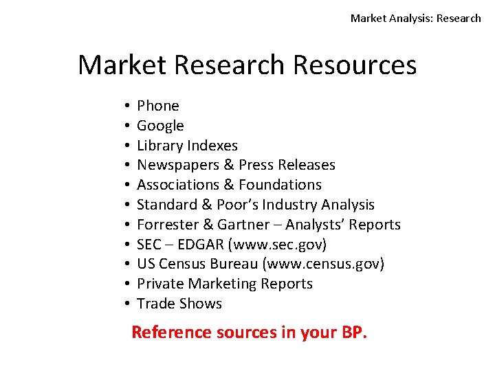 Market Analysis: Research Market Research Resources • • • Phone Google Library Indexes Newspapers
