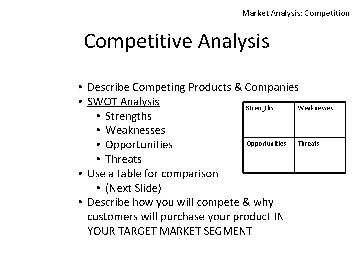 Market Analysis: Competition Competitive Analysis • Describe Competing Products & Companies • SWOT Analysis