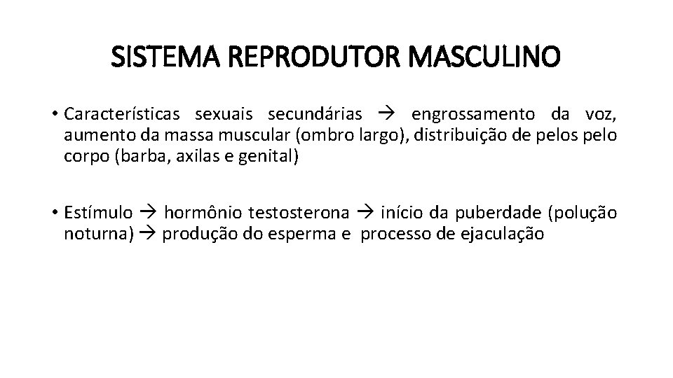 SISTEMA REPRODUTOR MASCULINO • Características sexuais secundárias engrossamento da voz, aumento da massa muscular