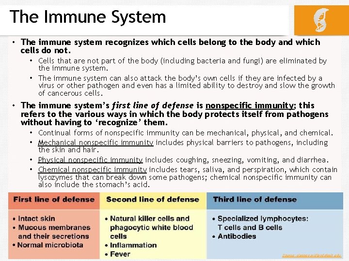 The Immune System • The immune system recognizes which cells belong to the body