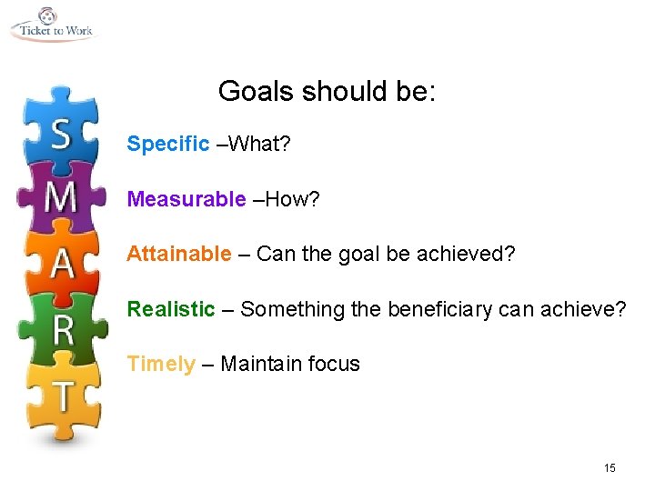 Goals should be: Specific –What? Measurable –How? Attainable – Can the goal be achieved?