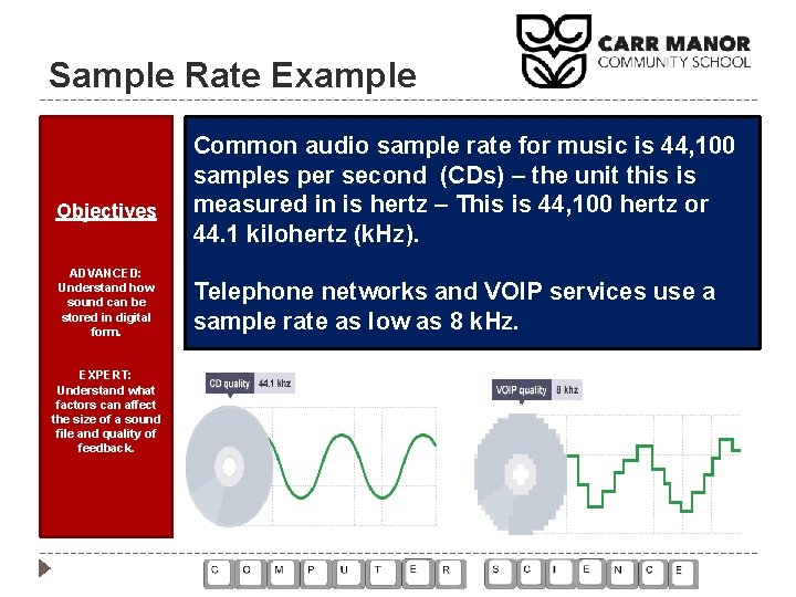 Sample Rate Example Objectives ADVANCED: Understand how sound can be stored in digital form.