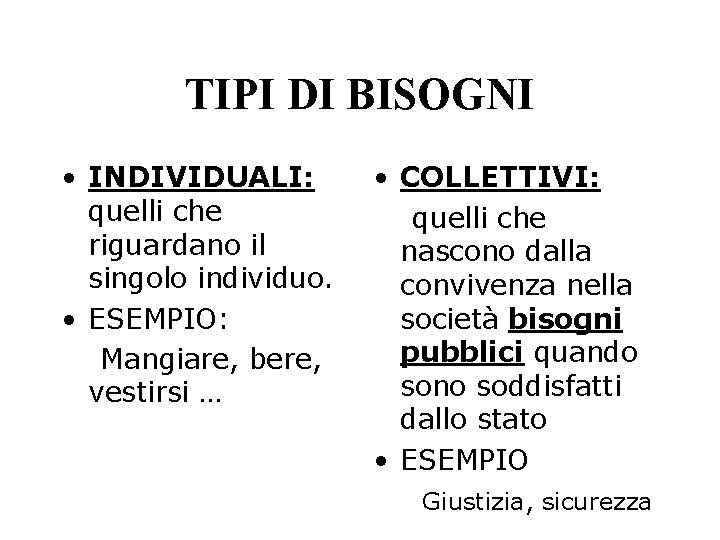 TIPI DI BISOGNI • INDIVIDUALI: quelli che riguardano il singolo individuo. • ESEMPIO: Mangiare,