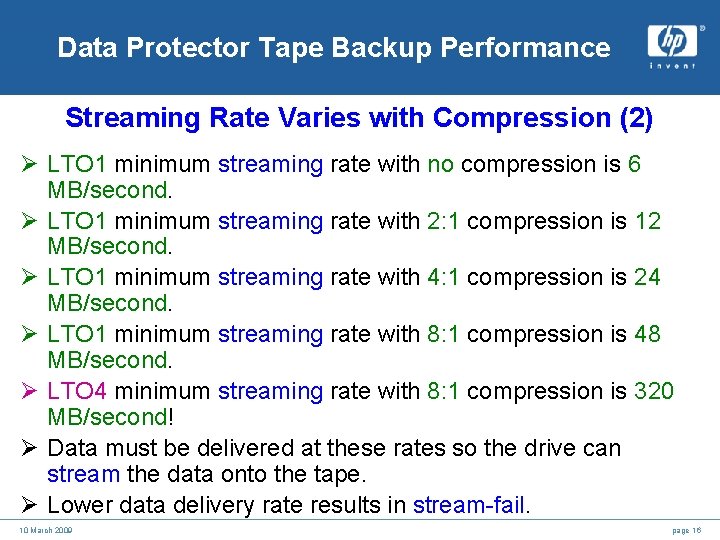 Data Protector Tape Backup Performance Streaming Rate Varies with Compression (2) Ø LTO 1