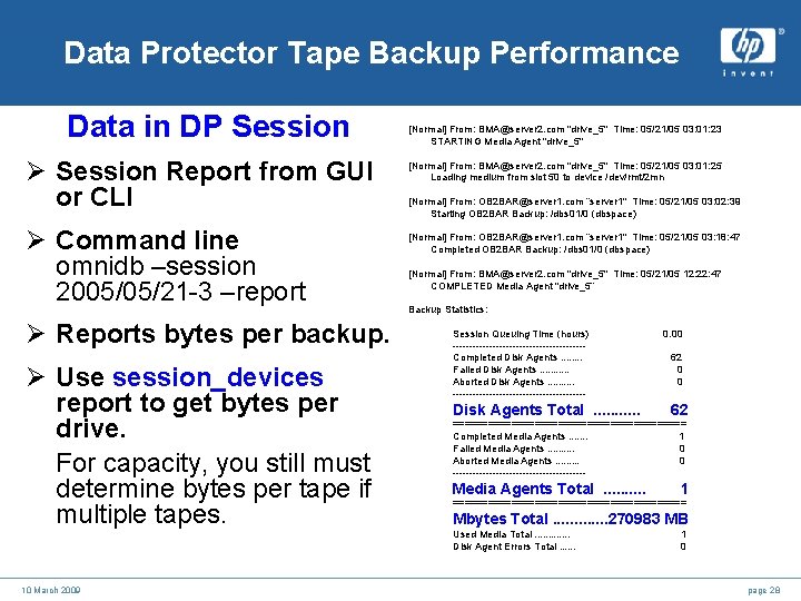 Data Protector Tape Backup Performance Data in DP Session Ø Session Report from GUI