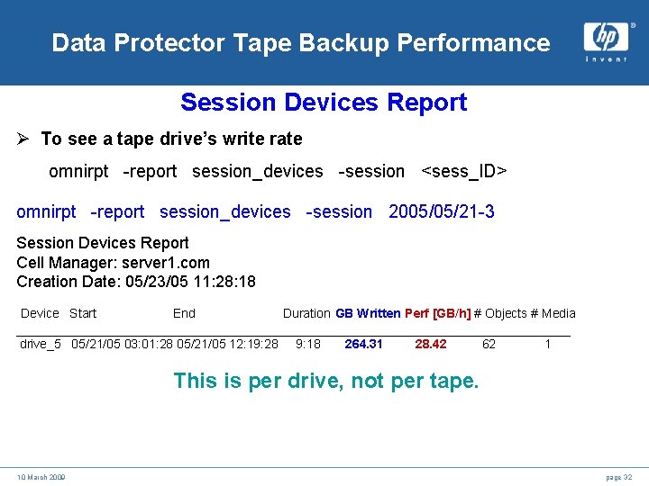 Data Protector Tape Backup Performance Session Devices Report Ø To see a tape drive’s