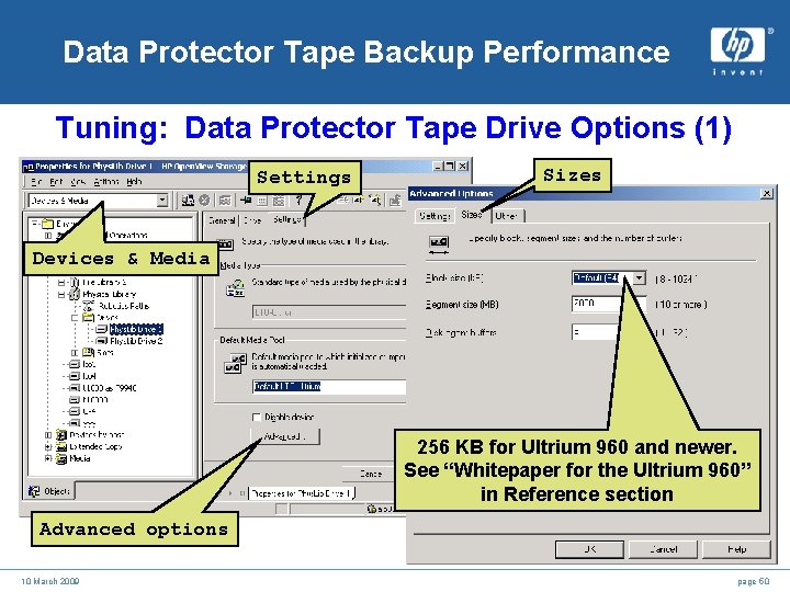 Data Protector Tape Backup Performance Tuning: Data Protector Tape Drive Options (1) Settings Sizes