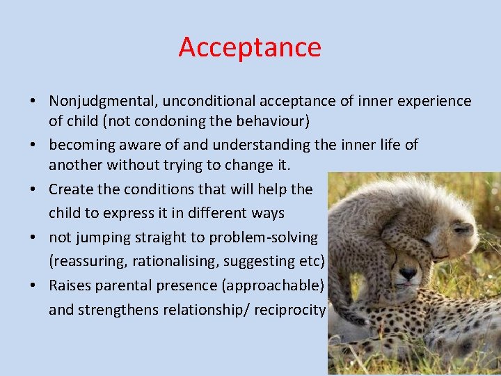 Acceptance • Nonjudgmental, unconditional acceptance of inner experience of child (not condoning the behaviour)