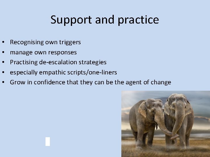 Support and practice • • • Recognising own triggers manage own responses Practising de-escalation