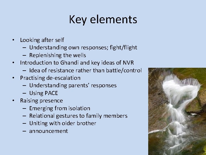 Key elements • Looking after self – Understanding own responses; fight/flight – Replenishing the