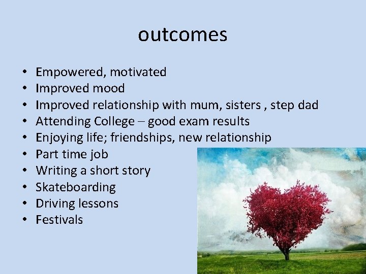 outcomes • • • Empowered, motivated Improved mood Improved relationship with mum, sisters ,
