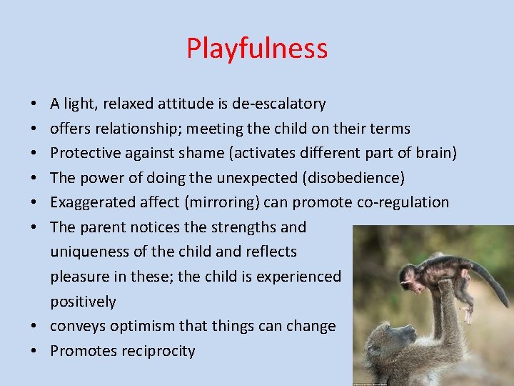 Playfulness A light, relaxed attitude is de-escalatory offers relationship; meeting the child on their