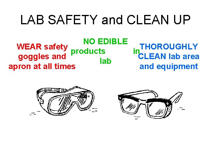 LAB SAFETY and CLEAN UP NO EDIBLE WEAR safety THOROUGHLY products in goggles and