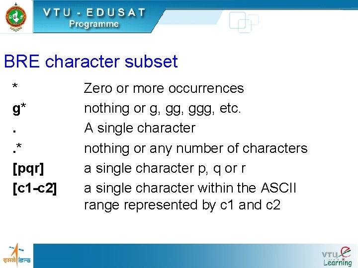 BRE character subset * g*. . * [pqr] [c 1 -c 2] Zero or