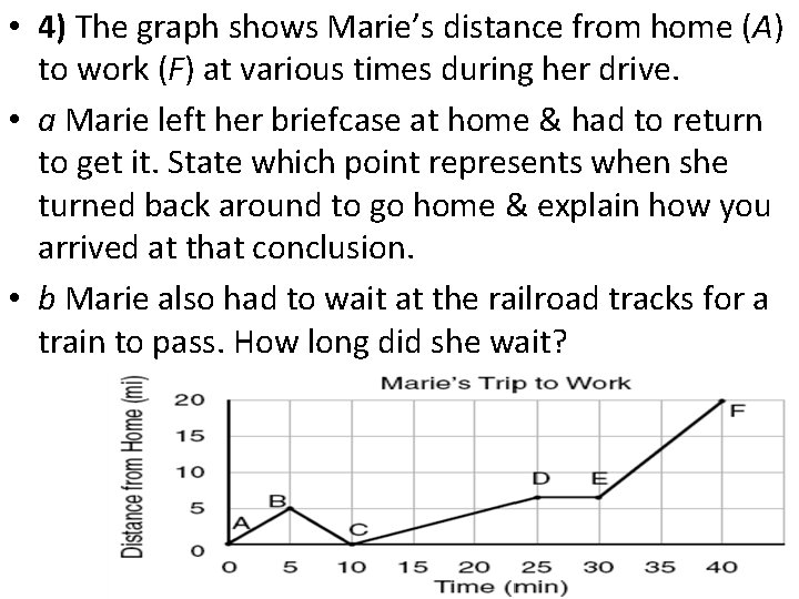  • 4) The graph shows Marie’s distance from home (A) to work (F)