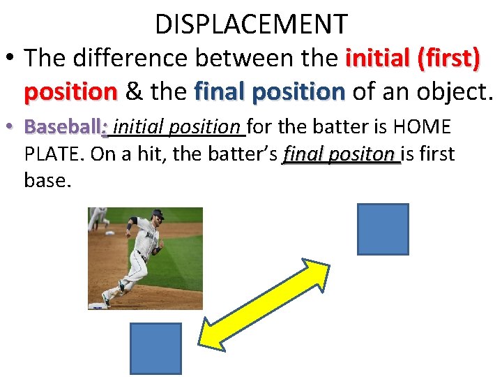 DISPLACEMENT • The difference between the initial (first) position & the final position of