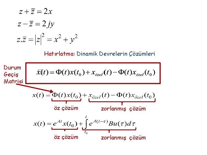 Hatırlatma: Dinamik Devrelerin Çözümleri Durum Geçiş Matrisi öz çözüm zorlanmış çözüm 