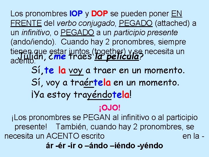 Los pronombres IOP y DOP se pueden poner EN FRENTE del verbo conjugado, PEGADO