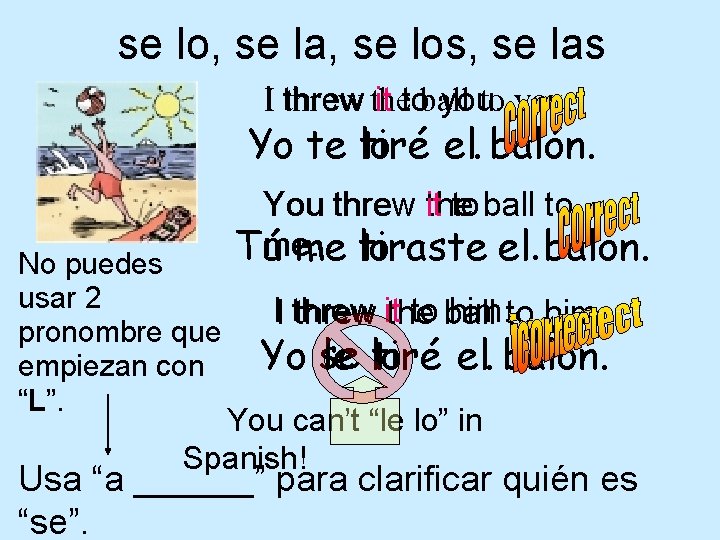 se lo, se la, se los, se las threw the to you. I threw