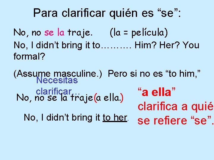 Para clarificar quién es “se”: No, no se la traje. (la = película) No,