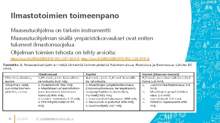 Ilmastotoimien toimeenpano Maaseutuohjelma on tärkein instrumentti Maaseutuohjelman sisällä ympäristökorvaukset ovat eniten tukeneet ilmastonsuojelua Ohjelman