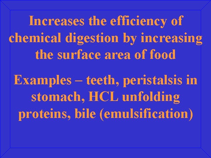 Increases the efficiency of chemical digestion by increasing the surface area of food Examples