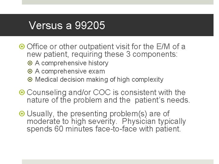 Fahoum copyright 2013 Versus a 99205 Office or other outpatient visit for the E/M