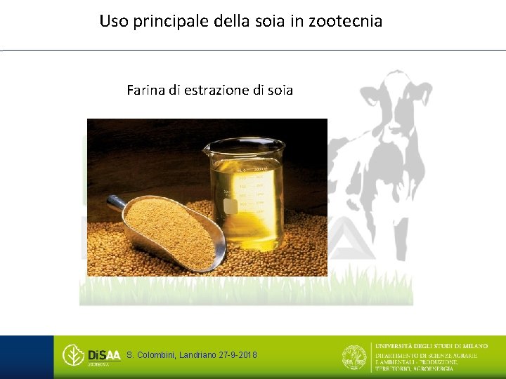 Uso principale della soia in zootecnia Farina di estrazione di soia S. Colombini, Landriano
