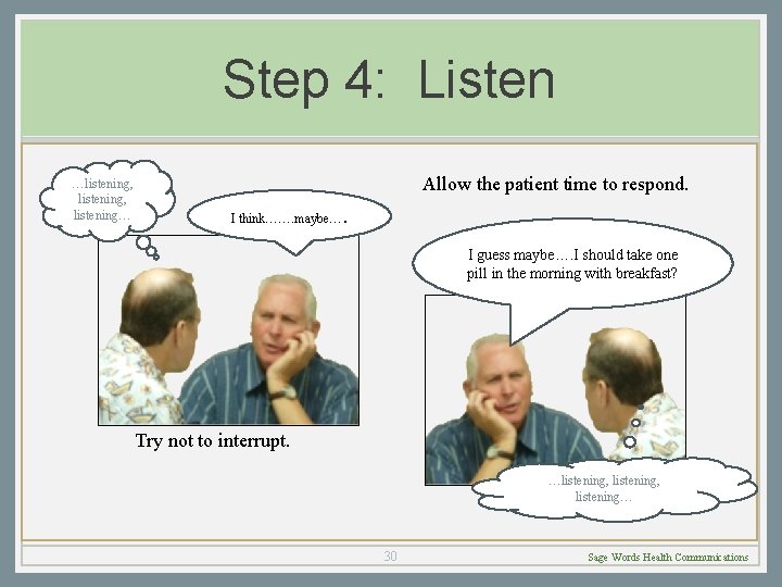 Step 4: Listen …listening, listening… Allow the patient time to respond. I think……. maybe….