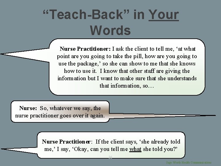 “Teach-Back” in Your Words Nurse Practitioner: I ask the client to tell me, ‘at