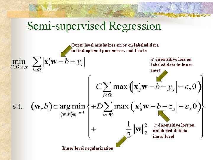 Semi-supervised Regression Outer level minimizes error on labeled data to find optimal parameters and