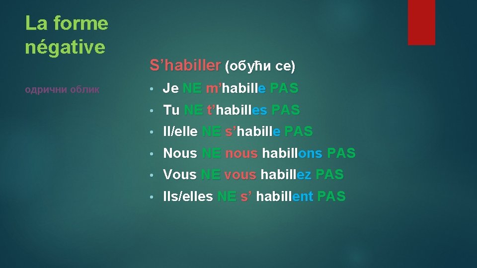 La forme négative одрични облик S’habiller (обући се) • Je NE m’habille PAS •
