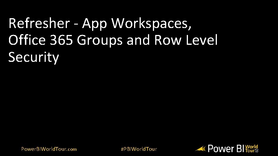 Refresher - App Workspaces, Office 365 Groups and Row Level Security Power. BIWorld. Tour.