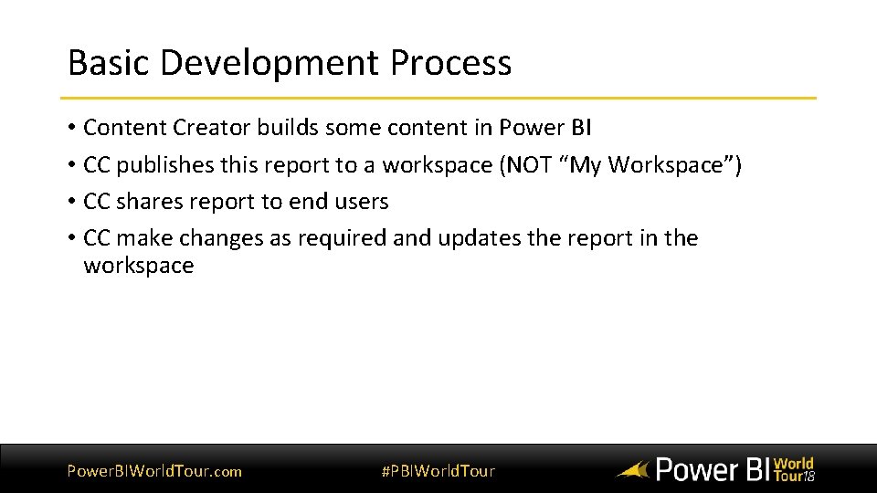 Basic Development Process • Content Creator builds some content in Power BI • CC