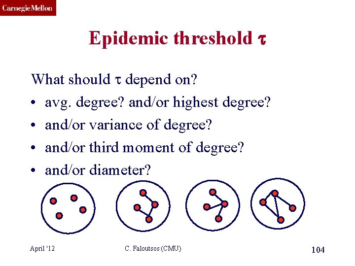 CMU SCS Epidemic threshold t What should t depend on? • avg. degree? and/or