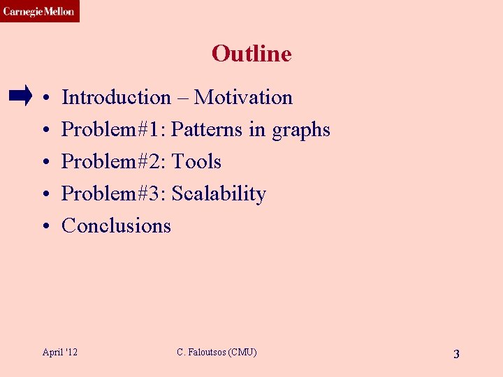 CMU SCS Outline • • • Introduction – Motivation Problem#1: Patterns in graphs Problem#2: